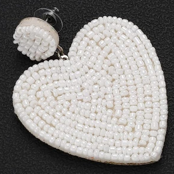 Handmade Large White Heart Beaded Earrings Bead Hearts Statement Jewelry New - Picture 3 of 8